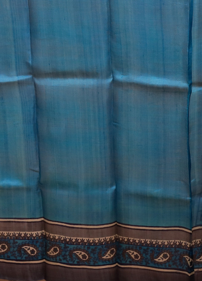 Blue Printed Pure Silk Saree Without Blouse Piece