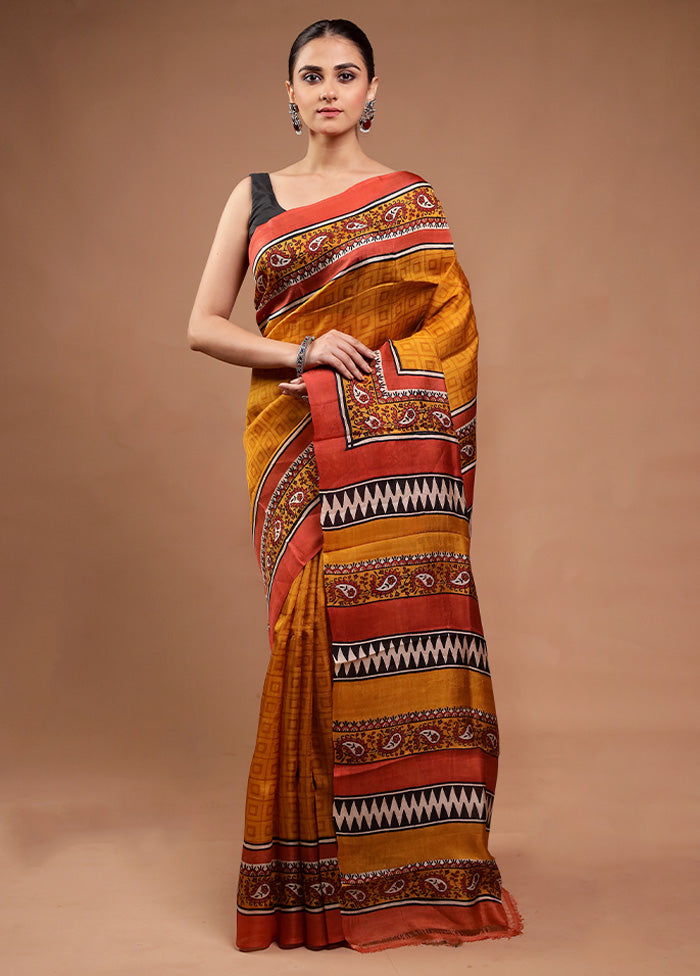 Yellow Printed Pure Silk Saree Without Blouse Piece