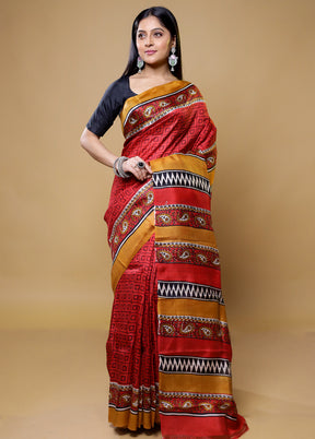 Red Printed Pure Silk Saree Without Blouse Piece