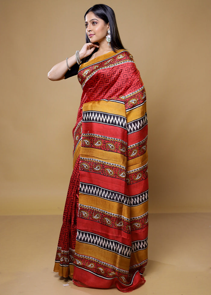 Red Printed Pure Silk Saree Without Blouse Piece