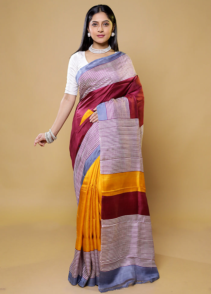 Brown Printed Pure Silk Saree Without Blouse Piece