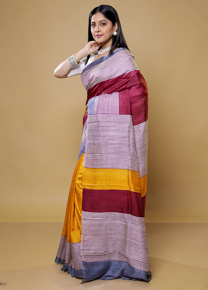 Brown Printed Pure Silk Saree Without Blouse Piece