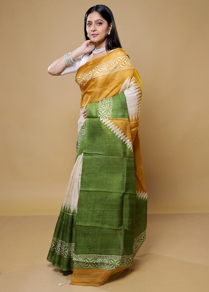 Green Printed Pure Silk Saree Without Blouse Piece