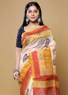 Cream Printed Pure Silk Saree Without Blouse Piece