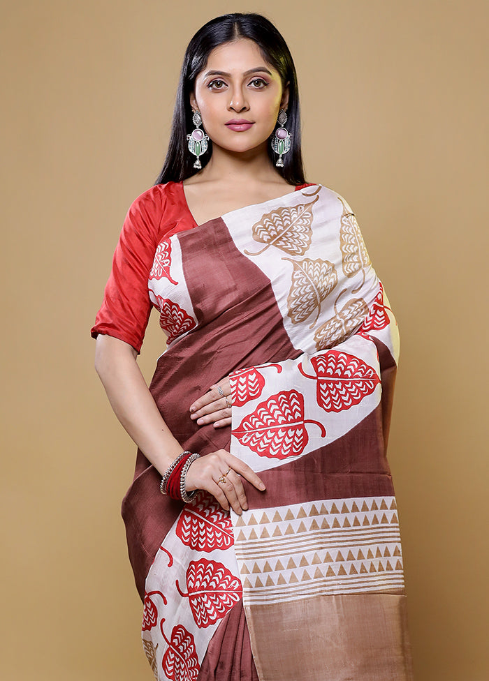 Brown Printed Pure Silk Saree Without Blouse Piece