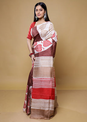 Brown Printed Pure Silk Saree Without Blouse Piece