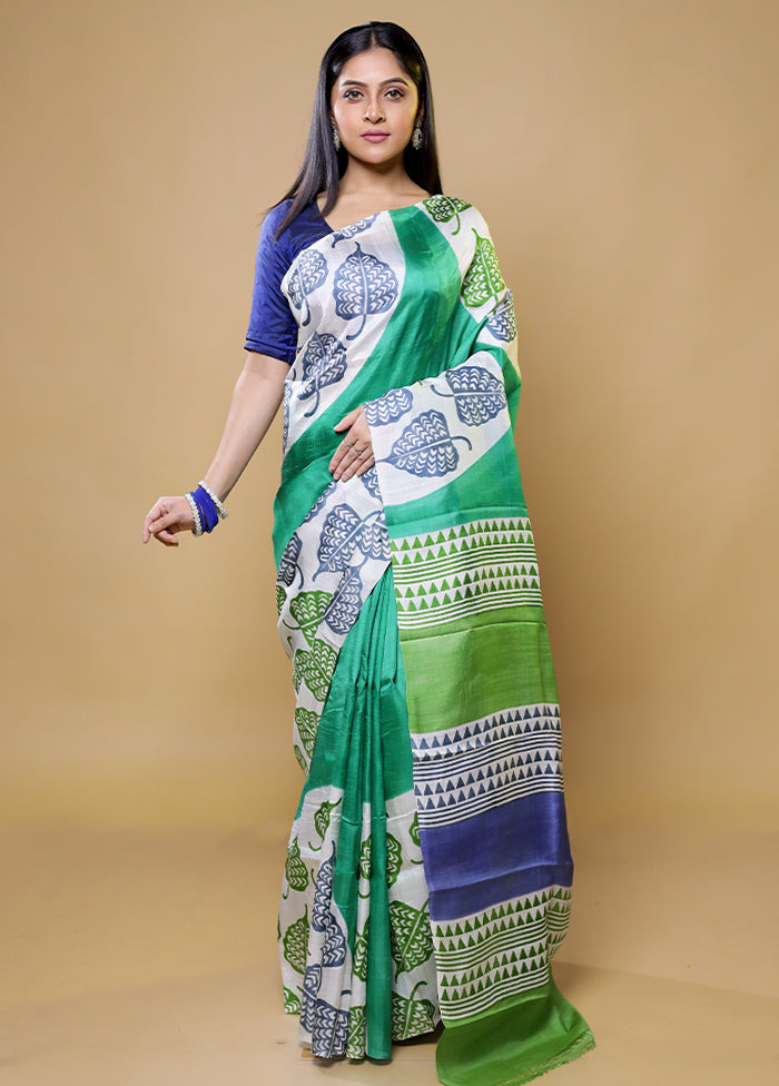 Green Printed Pure Silk Saree Without Blouse Piece