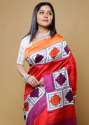 Red Printed Pure Silk Saree Without Blouse Piece