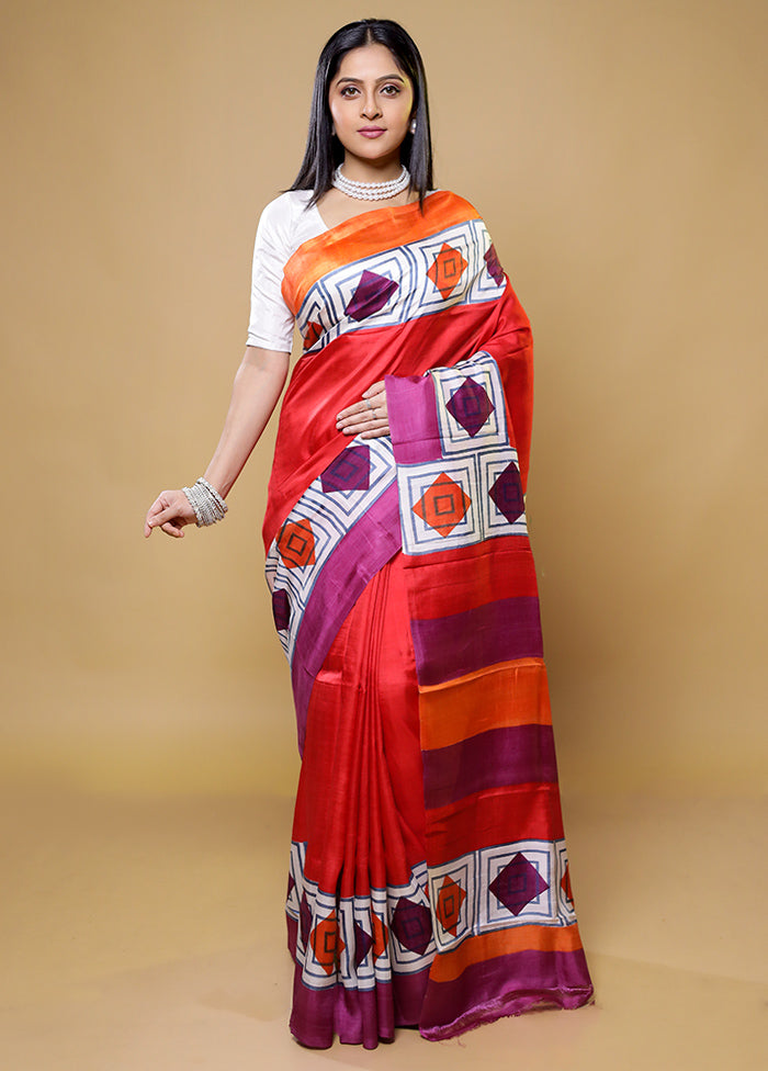 Red Printed Pure Silk Saree Without Blouse Piece