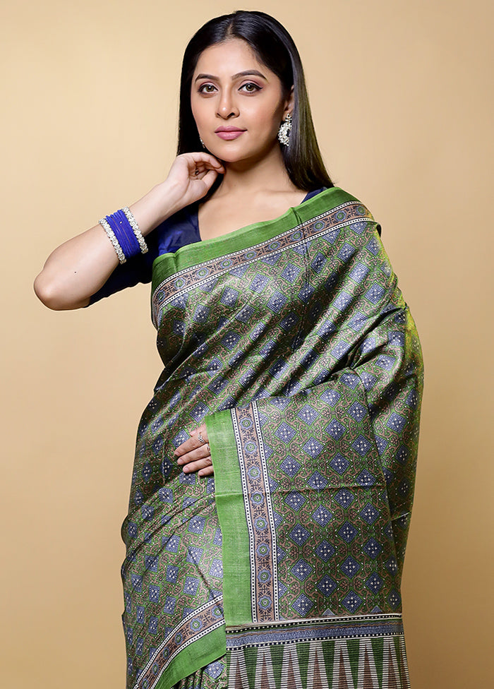 Green Handloom Tussar Pure Silk Saree With Blouse Piece