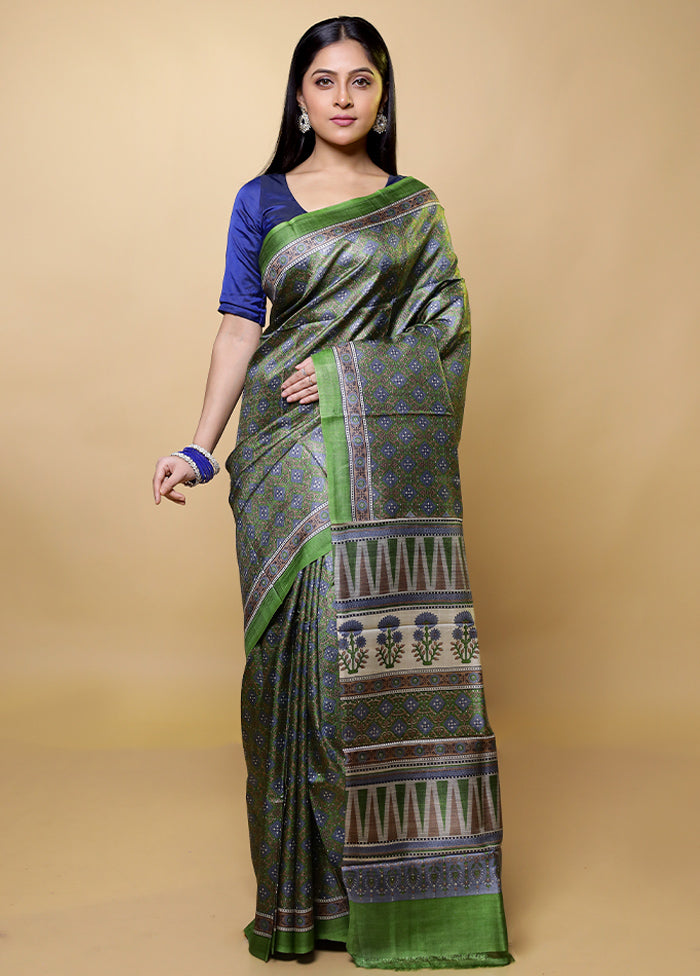 Green Handloom Tussar Pure Silk Saree With Blouse Piece