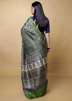 Green Handloom Tussar Pure Silk Saree With Blouse Piece