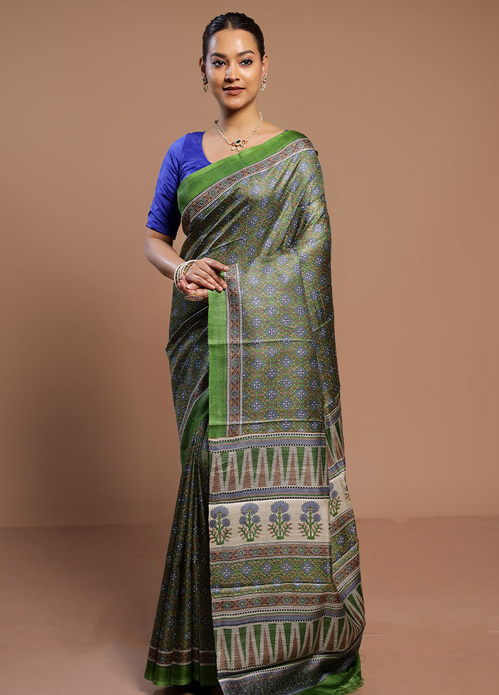 Green Handloom Tussar Pure Silk Saree With Blouse Piece