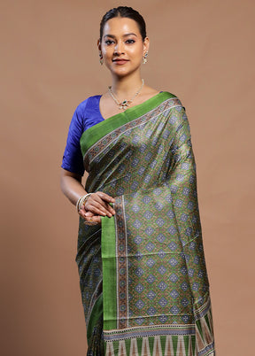 Green Handloom Tussar Pure Silk Saree With Blouse Piece