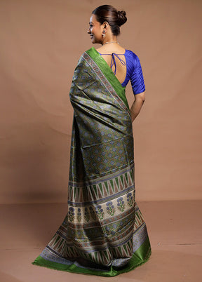 Green Handloom Tussar Pure Silk Saree With Blouse Piece