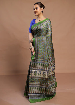 Green Handloom Tussar Pure Silk Saree With Blouse Piece