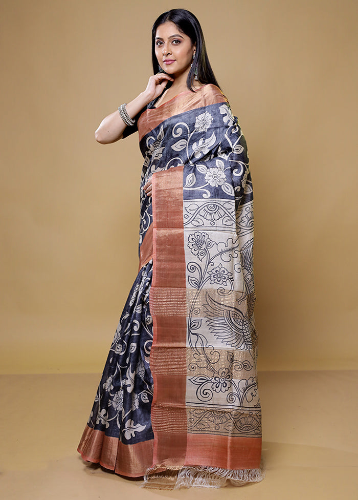 Blue Tussar Silk Saree With Blouse Piece