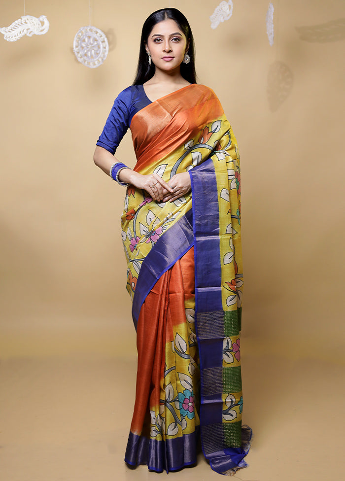 Yellow Tussar Silk Saree With Blouse Piece