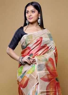 Cream Tussar Silk Saree With Blouse Piece