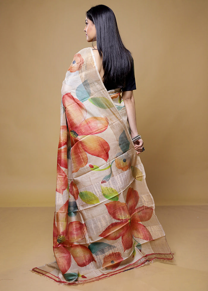 Cream Tussar Silk Saree With Blouse Piece