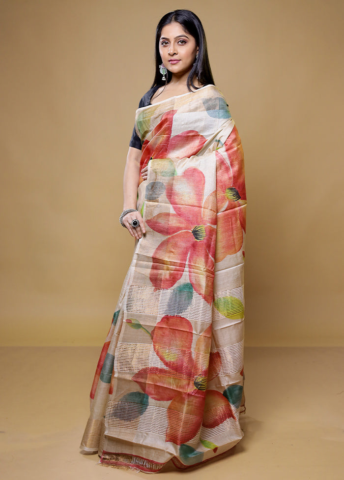 Cream Tussar Silk Saree With Blouse Piece