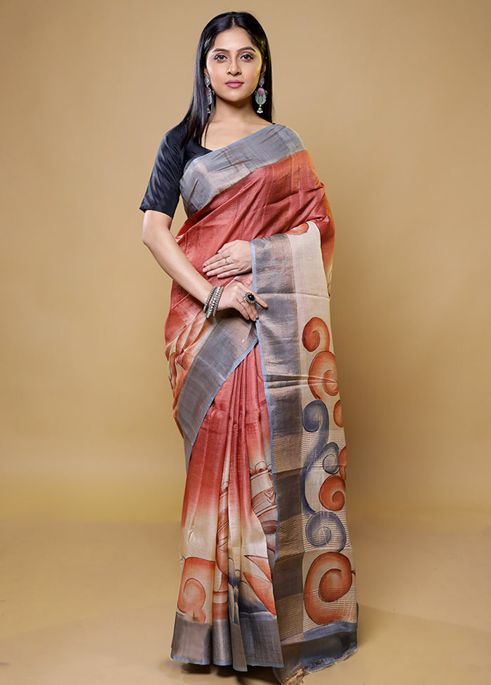 Pink Tussar Silk Saree With Blouse Piece