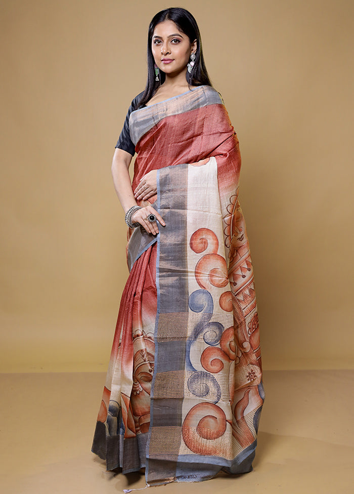 Pink Tussar Silk Saree With Blouse Piece