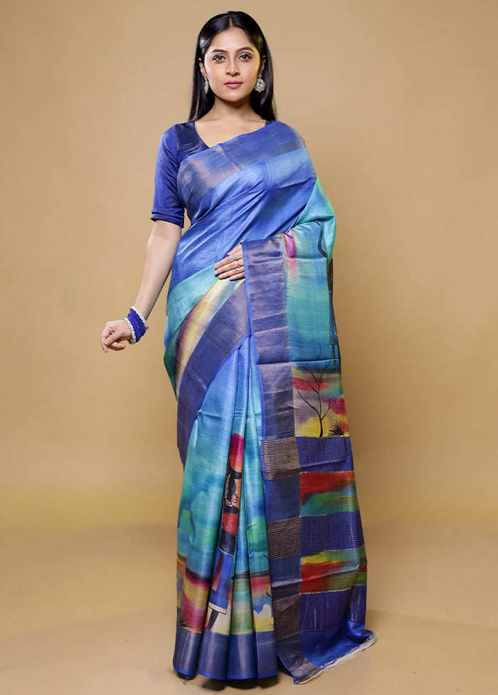 Blue Tussar Silk Saree With Blouse Piece