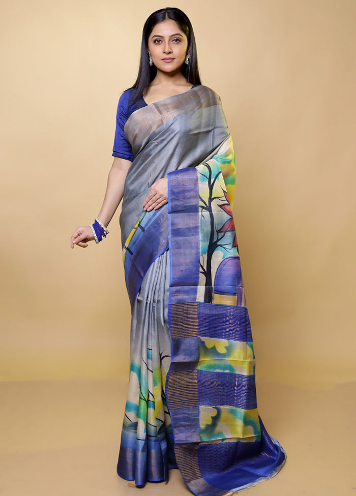 Grey Tussar Silk Saree With Blouse Piece