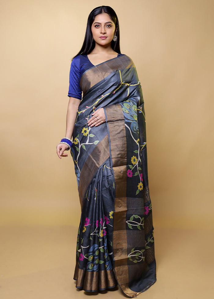 Grey Tussar Silk Saree With Blouse Piece