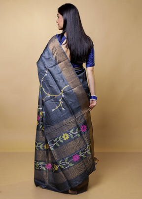 Grey Tussar Silk Saree With Blouse Piece