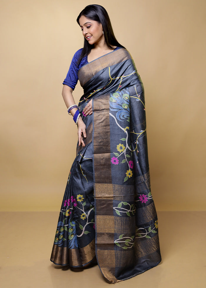 Grey Tussar Silk Saree With Blouse Piece