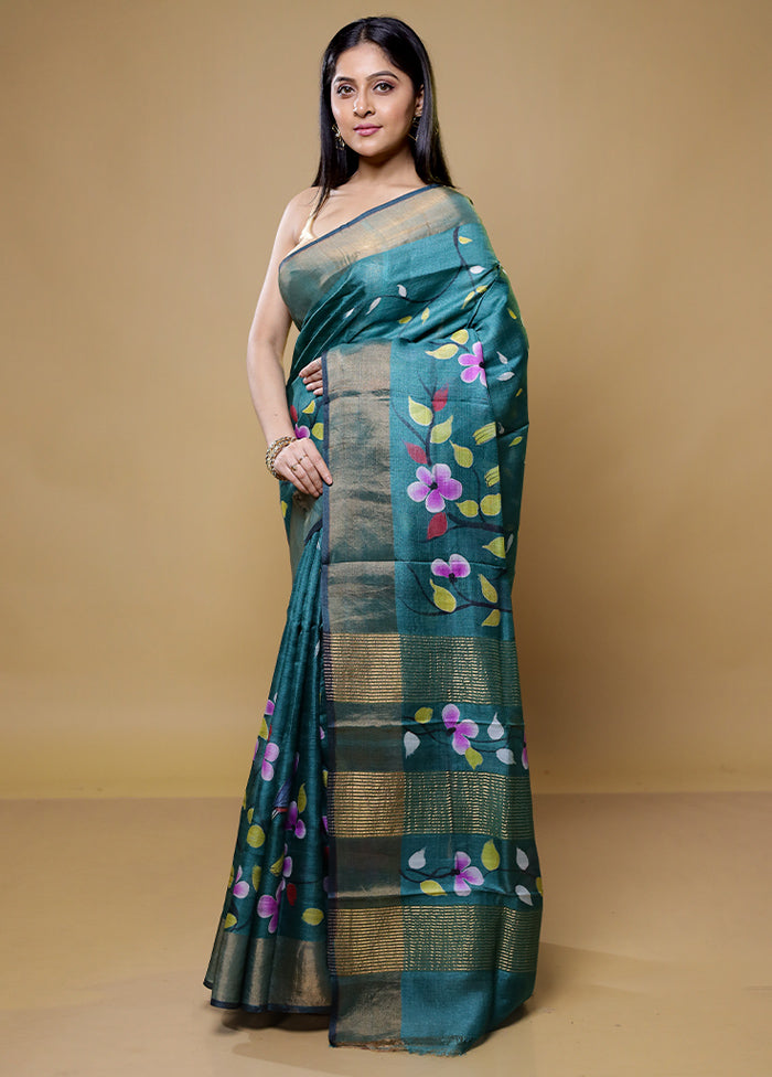 Green Tussar Silk Saree With Blouse Piece