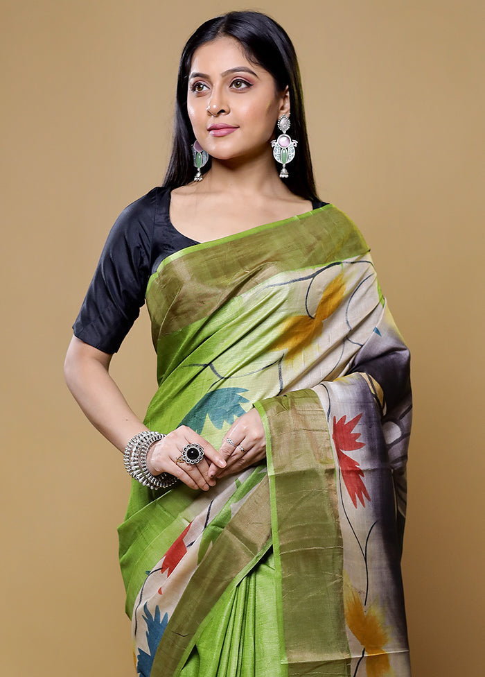 Green Tussar Silk Saree With Blouse Piece