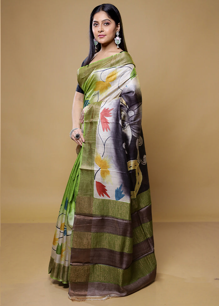 Green Tussar Silk Saree With Blouse Piece