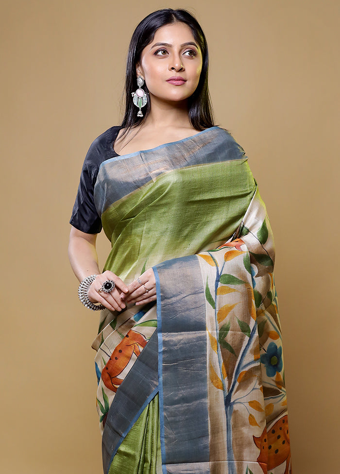 Green Tussar Silk Saree With Blouse Piece