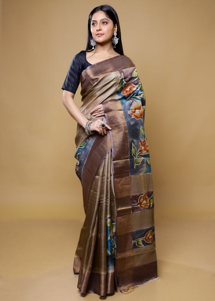 Brown Tussar Silk Saree With Blouse Piece