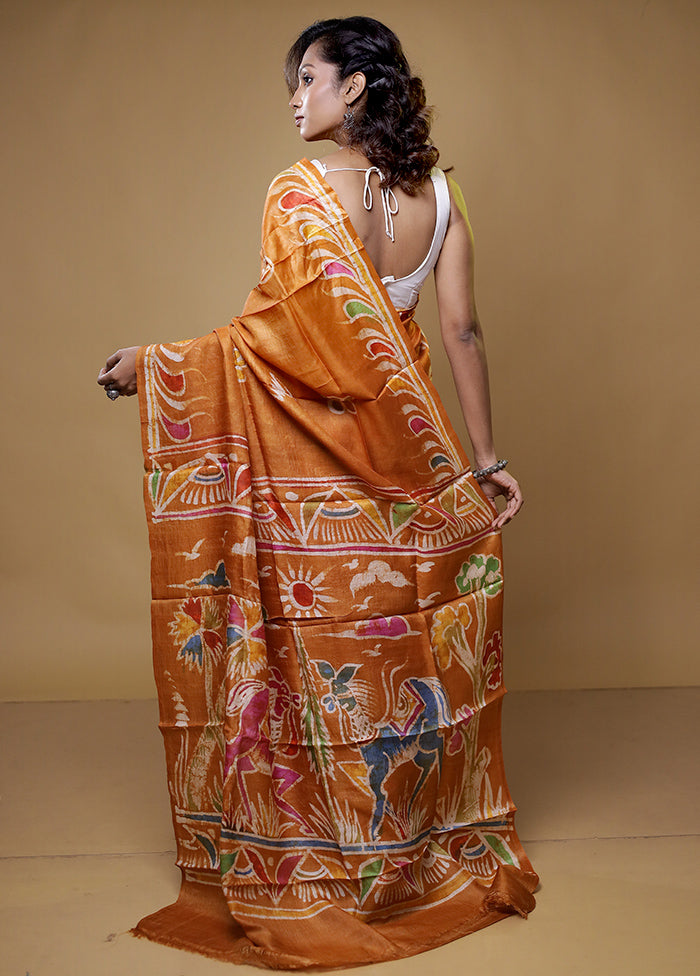 orange Handloom Tussar Pure Silk Saree With Blouse Piece