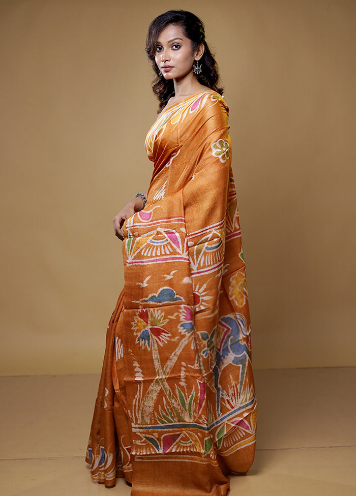 orange Handloom Tussar Pure Silk Saree With Blouse Piece
