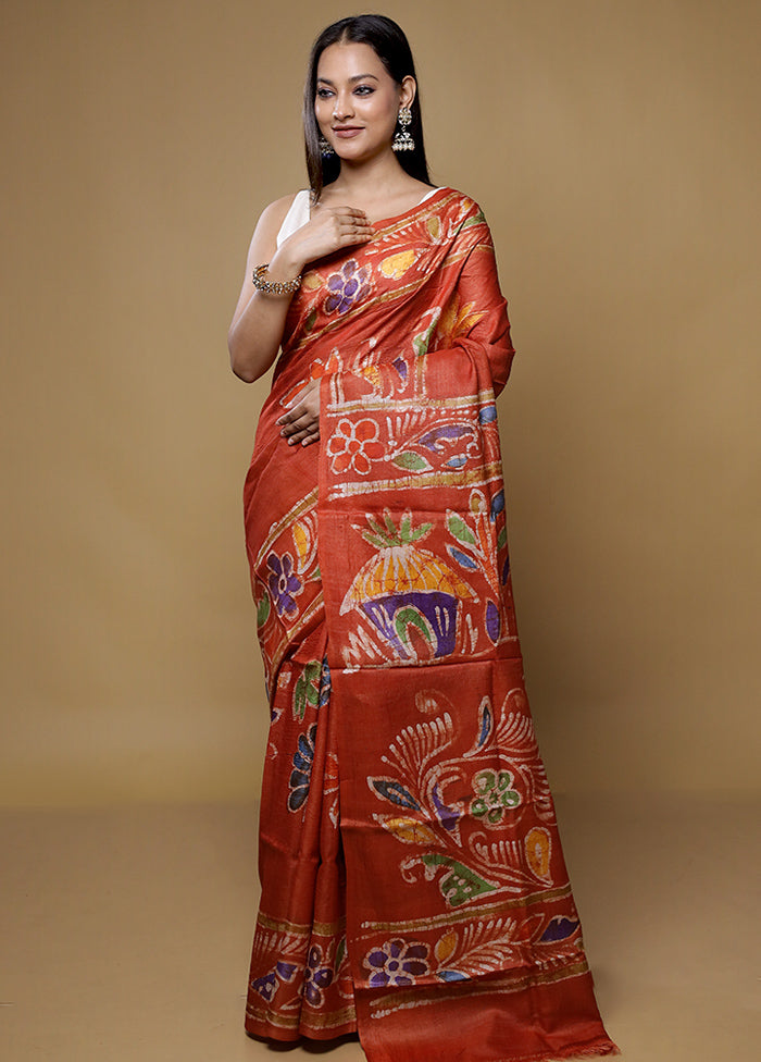 Multicolor Handloom Tussar Pure Silk Saree With Blouse Piece