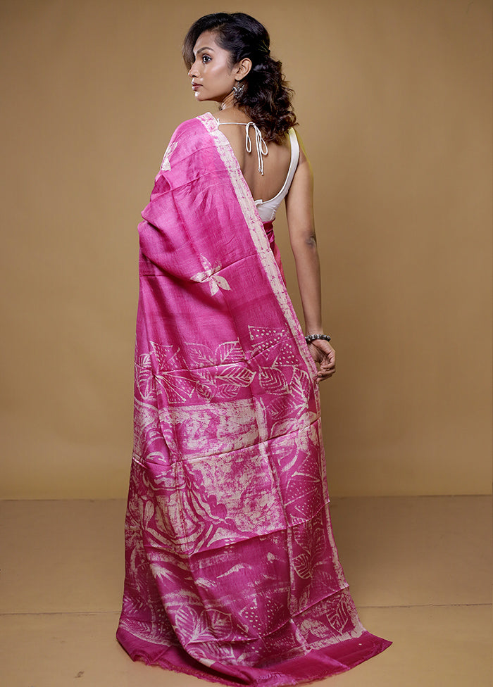 pink Handloom Tussar Pure Silk Saree With Blouse Piece