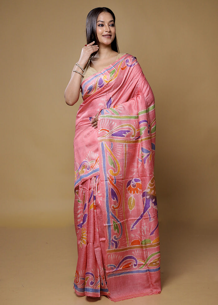 Multicolor Handloom Tussar Pure Silk Saree With Blouse Piece
