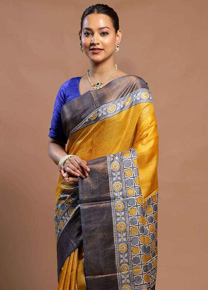 Yellow Tussar Silk Saree With Blouse Piece