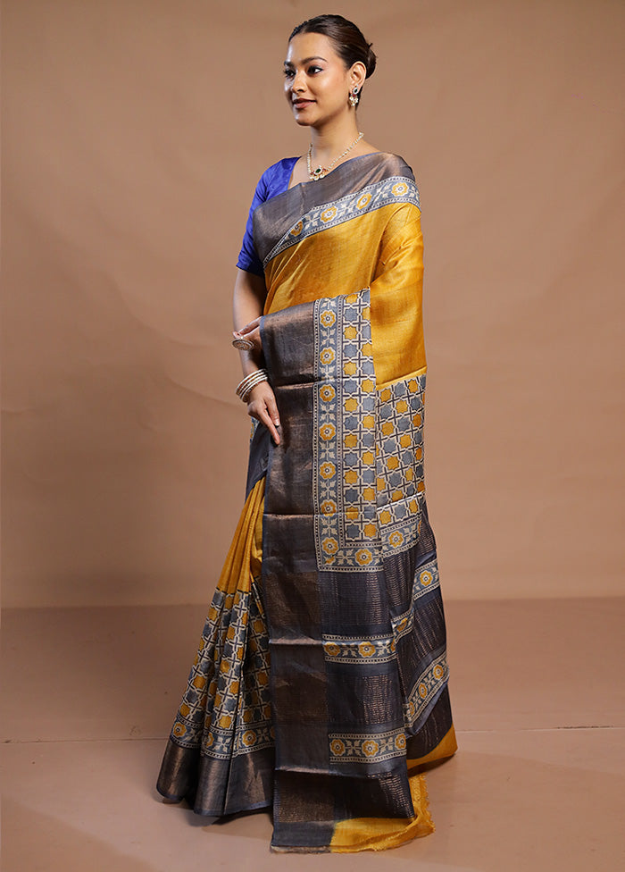 Yellow Tussar Silk Saree With Blouse Piece