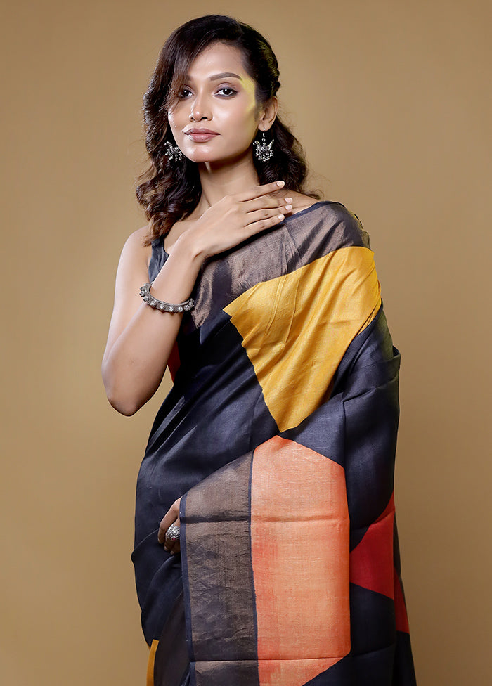 black Tussar Silk Saree With Blouse Piece