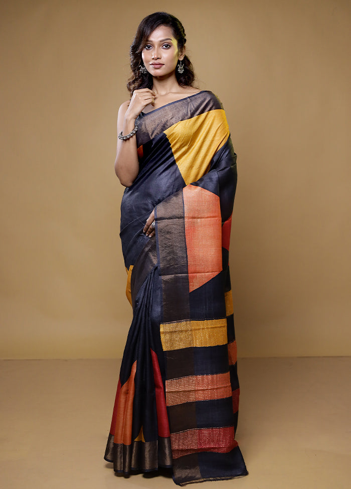 black Tussar Silk Saree With Blouse Piece