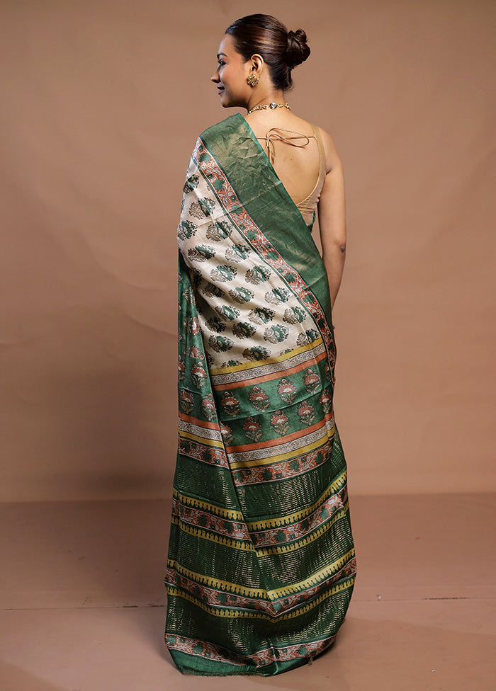 Cream Tussar Silk Saree With Blouse Piece