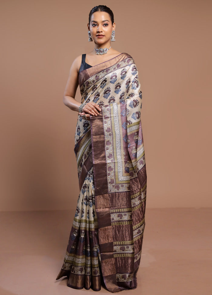 Cream Tussar Silk Saree With Blouse Piece