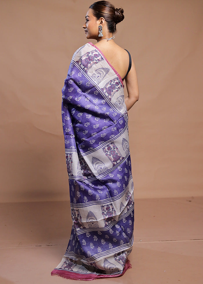 Blue Handloom Tussar Pure Silk Saree With Blouse Piece