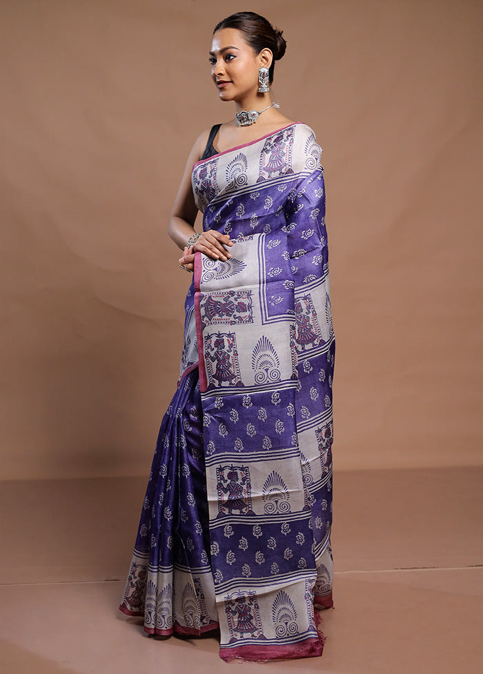 Blue Handloom Tussar Pure Silk Saree With Blouse Piece